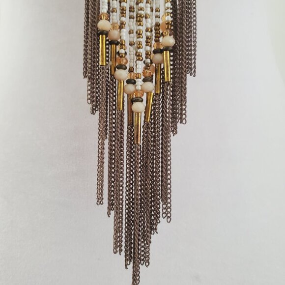 ICING Long Beaded Chain Tassel Fringe Bib Boho Necklace Bronze & White Gold Tone - Picture 5 of 7